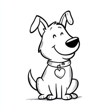 A happy dog is depicted in a simple black and white illustration. The image showcases a sitting canine with a collar featuring a heart pendant. The style is a minimalist cartoon with clean lines and a friendly demeanor. It is suitable for various applications, including children's books or educational materials.の素材