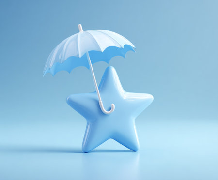 A 3D illustration features a blue star beneath a white umbrella, set against a matching blue background. The composition highlights a clean, minimalist style with soft lighting. The image suggests concepts such as protection, safety, and security. Suitable for diverse commercial and editorial purposes.の素材