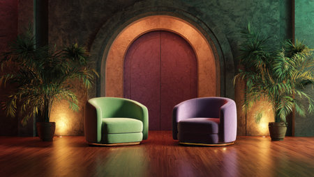 Two contemporary armchairs are positioned facing a central architectural feature. The chairs have distinct colors, set against a dark, textured backdrop. Potted plants flank the central design, and soft lighting illuminates the scene, suggesting an inviting indoor environment. Suitable for conceptual illustrations or lifestyle presentations.の素材