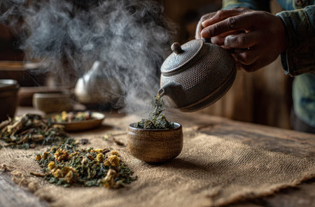 An individual pours tea from a ceramic teapot into a small bowl. The scene presents steam rising, suggesting warmth and freshness. Dried herbs and ingredients rest on a textured cloth and wooden table, bathed in soft lighting. Suitable for articles or advertising about herbal remedies and traditional practices.の素材