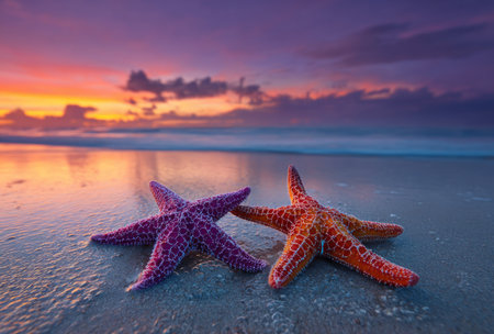Two starfish rest on a wet beach, illuminated by a brilliant sunset. The image displays a gradient of colors from orange to purple, reflecting on the smooth water. Soft textures and a low angle create a serene composition, potentially suitable for travel or decorative purposes.の素材