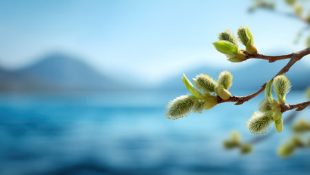 Close-up of spring blossoms on a branch. Soft focus, pastel colors, and blurred background create a serene atmosphere. The image showcases natural textures and highlights fresh, new growth. Suitable for various applications, including print media, web design, and editorial content.の素材