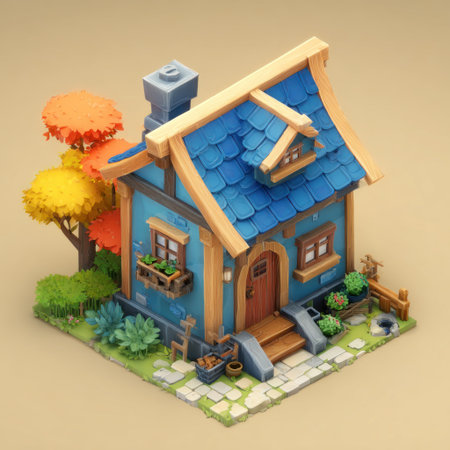 This image showcases a miniature cartoon house with a blue roof, wooden accents, and a small garden. The composition is set against a neutral backdrop. The scene, featuring bright colors and simple forms, suggests a playful or whimsical tone. Suitable for various creative projects, including illustrations and educational materials.の素材