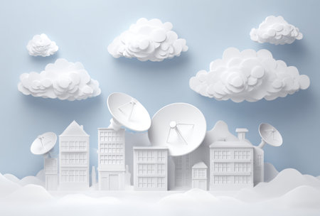 A miniature cityscape features buildings and communication dishes against a pale blue backdrop with paper clouds. The image showcases a minimalist style with white structures, creating a clean aesthetic. The lighting appears soft, and the scene implies an abstract environment, suitable for various design applications.の素材