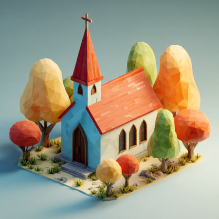 A low-poly illustration presents a church with a red roof, a steeple, and a cross. Surrounding the church are cartoon-like trees and a patch of grass. The image employs vibrant colors and angular shapes, with distinct lighting and shadows that suggest a daytime setting. Suitable for various design projects and creative media.の素材