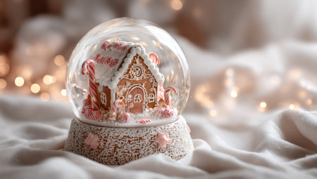 A snow globe prominently displays a gingerbread house with candy cane accents. The scene features warm, soft lighting, highlighting the intricate details of the miniature structure. The background includes a blurred display of soft white textures. This image is suitable for various commercial uses, including holiday-themed content.の素材