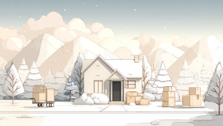 An illustration depicts a house with moving boxes set against a snowy backdrop. The composition features soft, muted colors with a focus on a house, trees, and mountains. The scene is presented in a flat, illustrative style, suggesting a winter environment. Suitable for various editorial and commercial applications.の素材