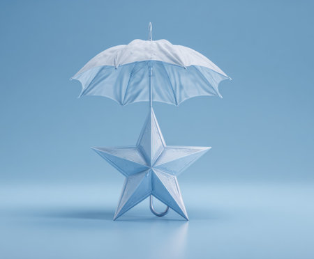 An illustration depicts a star with an umbrella overhead, presented against a light blue backdrop. The image features a monochromatic color scheme. The composition appears digitally rendered, with soft lighting enhancing the textures of the objects. It could be suited for various commercial design projects and artistic applications.の素材