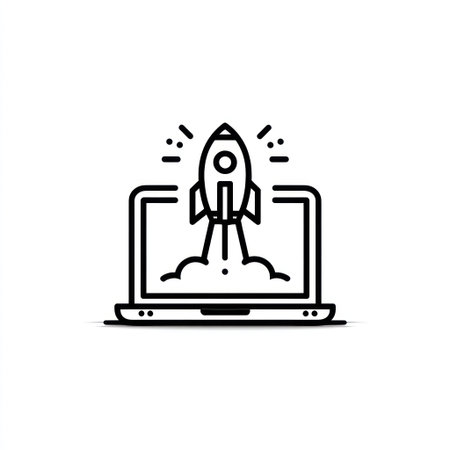 An illustration depicts a rocket launching from a laptop screen. The image features a minimalist style with black lines on a white background. The composition is centered, highlighting the laptop and rocket. This graphic is suitable for business presentations, website design, and educational materials.の素材