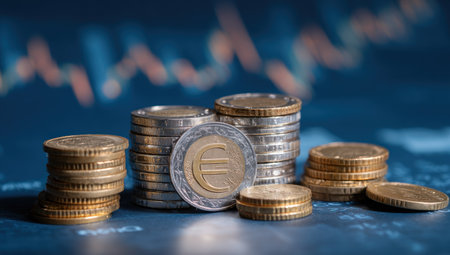 Several stacks of Euro currency coins are displayed in the foreground. The metallic coins are illuminated with natural lighting. The composition features a shallow depth of field, blurring the detailed financial chart in the background. This image could be used for various commercial projects related to finance and investment.の素材