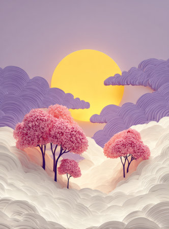 This image presents a serene illustration featuring stylized pink trees beneath a vibrant yellow sun. The composition includes textured white ground, soft purple clouds, and a gradient sky. It employs a digital art style. Suitable for various applications like design, advertising, or editorial purposes, the artwork offers a clean and contemporary aesthetic.の素材