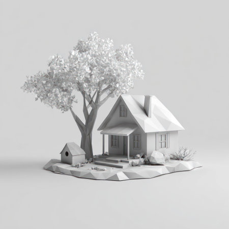 A grayscale illustration depicts a house with a tree, birdhouse, and surrounding rocks. The image displays a polygonal style, featuring a soft, ambient lighting. The scene appears to be set in an open environment, suggesting a tranquil setting. This visual may be suitable for architectural, design, or conceptual projects.の素材