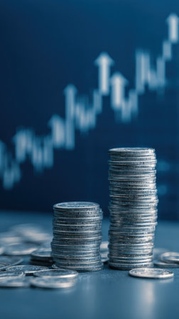 Two stacks of coins are presented in this image, with a blurred ascending stock chart in the backdrop. The visual characteristics include a cool blue tone and shallow depth of field, highlighting the coins. The composition may suggest financial concepts like investment or economic growth. This image could be used for various commercial or editorial needs.の素材