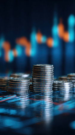 A close-up view depicts stacks of coins in sharp focus, with a blurred stock chart background featuring blue and orange lines. The composition uses shallow depth of field, creating a visual emphasis. The image may be suitable for financial news articles, investment presentations, and educational materials.の素材