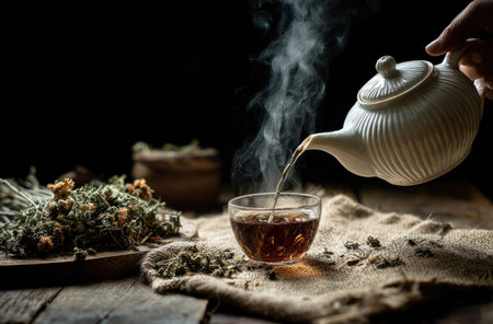 A white teapot pours hot tea into a glass cup, creating steam. The scene showcases a rustic wooden table with dried herbs and a burlap cloth. The lighting is soft and warm, suggesting a cozy indoor setting. This image could be used for wellness, food, or beverage-related projects.の素材