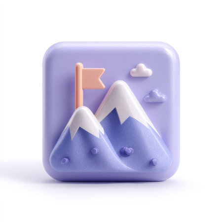 This image features a vibrant, stylized mountain landscape, showcasing two peaks with snowy tops, a flag, and puffy clouds. The color palette includes soft purples, whites, and subtle pinks, with a clean and minimalistic design. The composition is simple, suggesting concepts of success and progress, suitable for various editorial and commercial applications.の素材