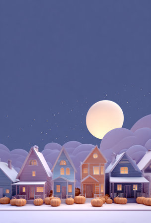 A whimsical scene depicts stylized houses under a large, glowing full moon. The houses exhibit a range of soft pastel colors against a deep blue sky. The composition emphasizes simplicity and a cartoon-like aesthetic, suggesting a peaceful, nighttime environment. This image is suitable for various commercial uses, including illustrations and design projects.の素材
