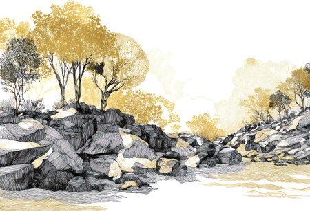 An illustration depicts a landscape composed of stylized trees and rocks. The scene uses gold and gray hues, with a watercolor or digital painting style. The composition includes an asymmetrical arrangement and a bright white sky, suggesting a daytime setting. It is suitable for editorial or commercial purposes.の素材