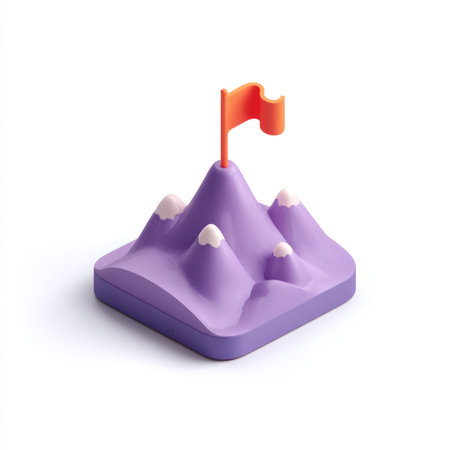 A simplified mountain illustration is depicted with a vibrant orange flag atop its peak. The artwork features a clean, minimalist style with a solid color palette and soft lighting. This versatile graphic can be applied in various commercial contexts, including website design or print materials.の素材