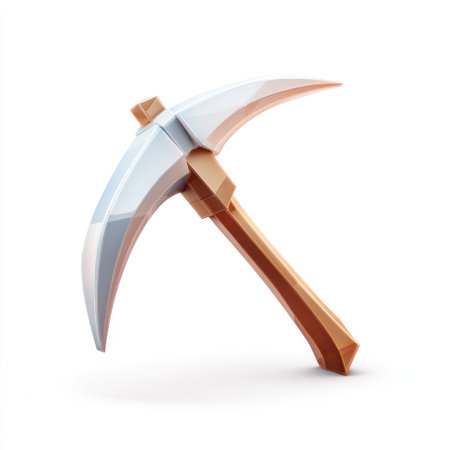 This image showcases a digitally rendered pickaxe with a polished metallic head and wooden handle. The illustration presents a clean, sharp aesthetic with smooth gradients. The isolated composition and bright lighting suggest its potential use in various design projects, including digital art and visual storytelling.の素材