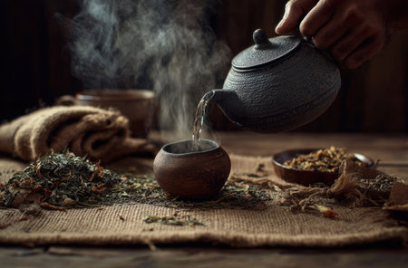 A dark, atmospheric image shows a hand pouring tea from a traditional teapot into a small cup. Steam rises, suggesting warmth. The scene includes tea leaves and other elements on a rough textile, creating a natural feel. This image could be suitable for illustrating wellness, food, or lifestyle content.の素材