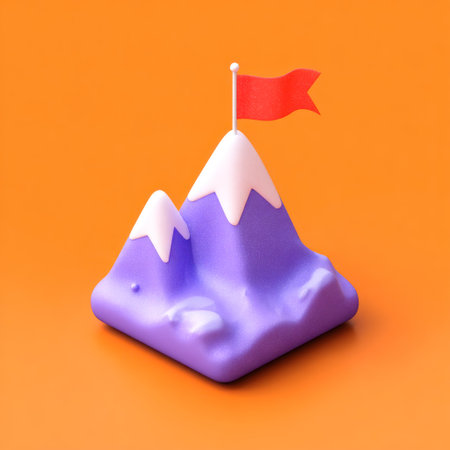 A vibrant, digitally rendered illustration depicts a stylized mountain range with a red flag atop the highest peak. The image showcases smooth textures, bold colors, and an overhead perspective. Ideal for various commercial uses, this image has an engaging visual that could be used for conceptual or illustrative purposes.の素材