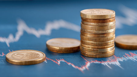 A close-up captures stacked golden coins against a blurry financial chart. The composition features coins with textured surfaces, contrasting against a cool-toned background with curved lines. This visual could be utilized for depicting financial concepts, investment strategies, or representing economic indicators in various commercial projects.の素材