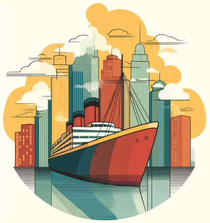 An illustration depicts an ocean liner sailing past a cityscape. The artwork features bold lines and vibrant colors. The style is reminiscent of vintage travel posters, with layered elements and stylized details. Suitable for use in design projects, travel publications, or promotional materials.の素材