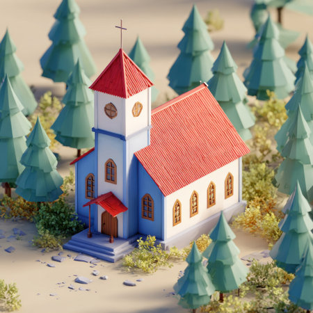 A vibrant 3D rendering presents a stylized church nestled within a forest of cartoon-like evergreen trees. The scene showcases a building with blue walls, a red roof, and a cross. The composition employs a low-angle perspective and a soft, diffused lighting style. Suitable for various creative projects and illustrating themes of faith.の素材
