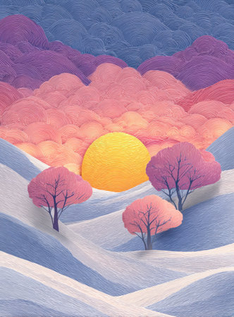 An artistic illustration depicts a winter landscape featuring colorful trees and a setting sun. The composition includes textures and gradients of blue, pink, and yellow. The style suggests a calm, serene environment with potential uses in various editorial or commercial projects.の素材
