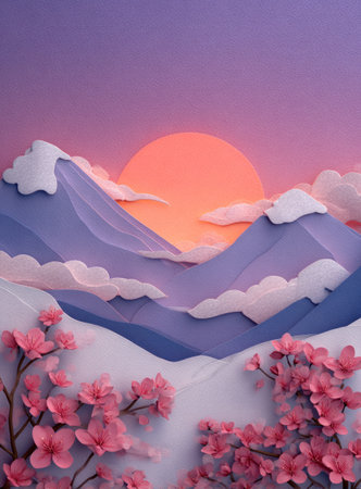 A digital illustration depicts a vibrant sunset over a mountain range with soft clouds and delicate cherry blossoms in the foreground. The image uses pastel hues of purple, pink, and orange. The composition suggests a serene environment suitable for decorative, editorial, or commercial applications. The artwork is digitally created.の素材
