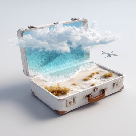 A white suitcase, open to reveal a miniature beach scene complete with sand, water, and fluffy clouds. The artistic composition uses soft lighting to create a dreamlike atmosphere. A small airplane flies in the background suggesting travel. Suitable for advertising travel or representing vacations and exploring the world.の素材