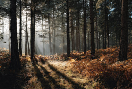 This image presents a serene forest interior, illuminated by strong sunlight penetrating through the dense canopy. The composition features tall, slender trees casting long shadows across the forest floor. Golden and brown hues dominate, suggesting an autumn or late summer setting. Ideal for illustrating nature, environment, or related themes.の素材