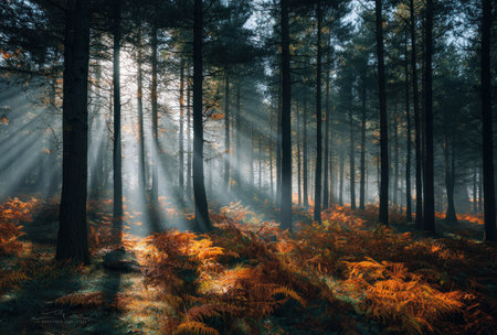 Sunlight pierces through a dense forest canopy, illuminating the trees and undergrowth. The scene displays vertical composition with tall, dark tree trunks contrasted by bright rays of light. The forest floor is covered with orange-brown foliage. This image suits various commercial applications, including editorial and design projects.の素材