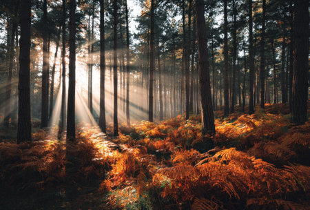 A dense forest scene captures the sunlight piercing through the trees, illuminating the ground covered with auburn foliage. The composition showcases vertical lines of tree trunks contrasting with the textured ground. The visual characteristics suggest a daytime environment, suitable for various editorial and commercial applications.の素材
