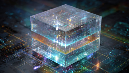 A close-up view presents a translucent cube with internal glowing layers. The object appears to float above a circuit board-like surface, creating a futuristic look. The vibrant color palette and intricate details suggest advanced technology, suitable for illustrating digital innovation or conceptual design. This image could be used for various commercial or editorial applications.の素材