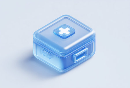A translucent first aid kit is depicted on a plain, light surface. The box features a lid with a white cross emblem, suggesting a health or medical context. The overall composition is simple, with a gradient-style lighting effect. This illustration could be suitable for various design projects and informative content.の素材