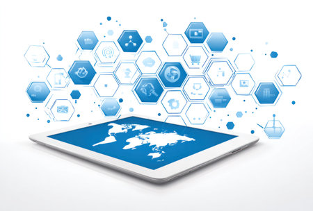 A tablet device displays a world map, overlaid with a network of blue hexagonal icons representing technology and digital services. The composition employs a bright, clean style with a white background. It could be used in advertising, presentations, or editorial content related to global technology and communication.の素材
