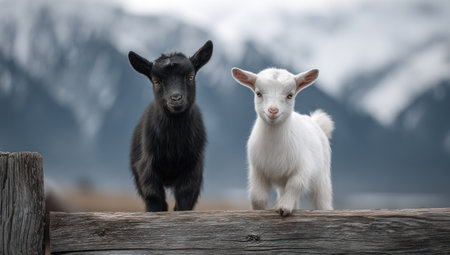 Two adorable baby goats, one black and one white, stand side by side on a weathered wooden fence. The image showcases the goats' distinct colors and soft textures against a blurred, mountainous landscape. Natural lighting illuminates the scene, suggesting an outdoor setting suitable for various commercial and editorial applications.の素材