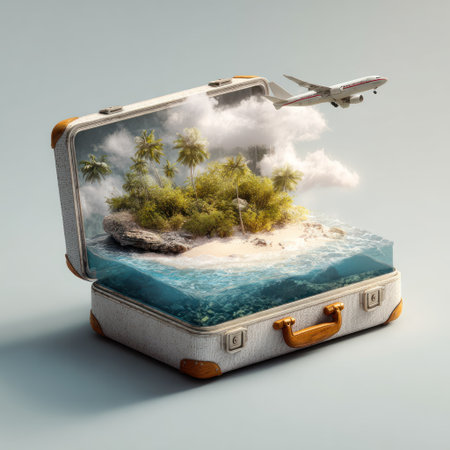 An open suitcase reveals a miniature tropical island scene complete with a beach, palm trees, and an airplane. The image features bright colors, a surreal composition, and soft lighting. This creative concept could be used for travel advertisements, vacation promotions, or artistic projects. The overall style is illustrative and eye-catching.の素材