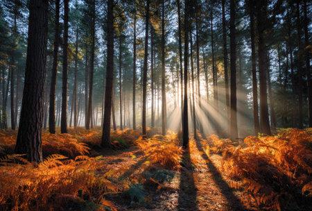 Sunlight filters through towering trees, illuminating a forest floor covered in golden foliage. The composition showcases a perspective view with strong vertical lines and contrasting light and shadow. The scene evokes a sense of tranquility and natural beauty, suitable for editorial or commercial applications.の素材