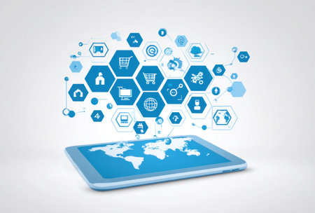 A digital tablet rests on a white background, displaying a world map. Above, a network of interconnected blue hexagonal icons represents technology and online shopping concepts. The composition is clean, with soft lighting and a focus on digital communication and commerce. Suitable for illustrating e-commerce or global connectivity in various commercial contexts.の素材