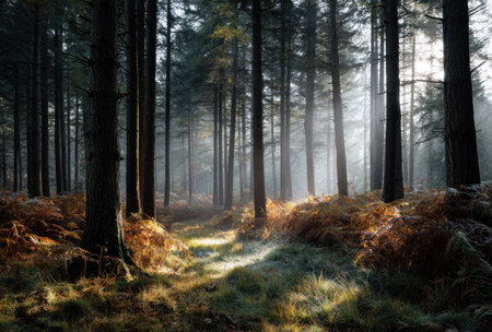 This image depicts a forest interior with tall, slender trees reaching towards the sunlight. The scene is illuminated by beams of light that filter through the trees, creating a sense of depth. The image displays natural colors, enhancing its visual appeal. This image could be used for various purposes, including editorial and commercial projects.の素材