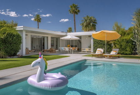 A swimming pool features a whimsical inflatable unicorn floating near the edge. A modern villa stands in the background under a clear sky. The scene is bathed in sunlight, with palm trees and a yellow parasol adding to the summery vibe. This image could be used for lifestyle, vacation, or real estate advertising.の素材