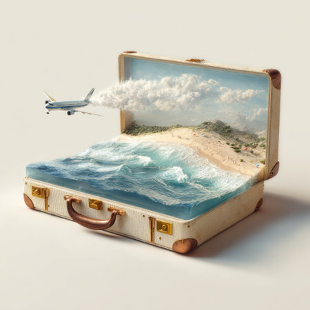 A suitcase opens to reveal a miniature beach scene with an airplane flying through clouds. The image displays a bright, sunny atmosphere with blue water, sandy shores, and a clear sky. Its surreal composition and warm lighting may be suitable for advertising travel or representing vacation concepts.の素材