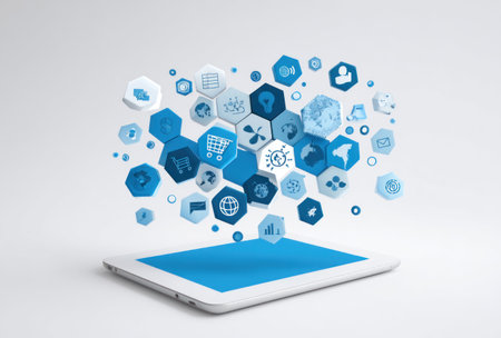 A digital tablet rests on a white surface, displaying a collection of abstract hexagonal icons. The icons, rendered in shades of blue and white, suggest data, connection, and technology. The composition is clean with bright lighting, creating a modern and futuristic feel. Suitable for illustrating ideas related to business, communication, and digital concepts.の素材