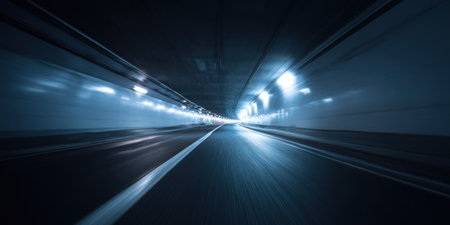 An interior shot reveals a long tunnel with bright, artificial lights. The image displays blurred lines of movement and a perspective effect. The scene features cool blue and white tones, suggesting a modern, industrial environment. The composition could be useful for commercial and editorial applications.の素材