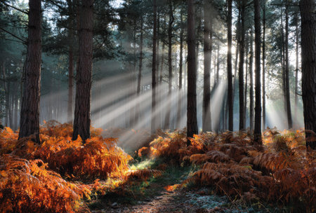 Sunlight filters through tall trees in a forest, casting beams of light across the scene. The foreground features vibrant orange and brown foliage. The composition shows an overhead perspective with natural lighting creating shadows. This image could be suitable for environmental, seasonal, or nature-related projects.の素材