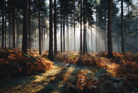 An image captures a forest with tall, slender trees and a ground covered in vegetation. Sunlight filters through the trees, creating beams of light. The scene's color palette primarily consists of browns and greens. Suitable for various projects, it is adaptable for advertising and editorial content.の素材