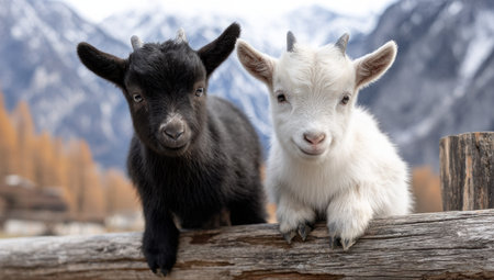Two young goats, one black and one white, stand side by side, leaning on a wooden fence. The image showcases soft textures and natural lighting, with a blurred background of mountains and foliage. It could be used for various commercial projects related to nature, animals, or rural themes.の素材
